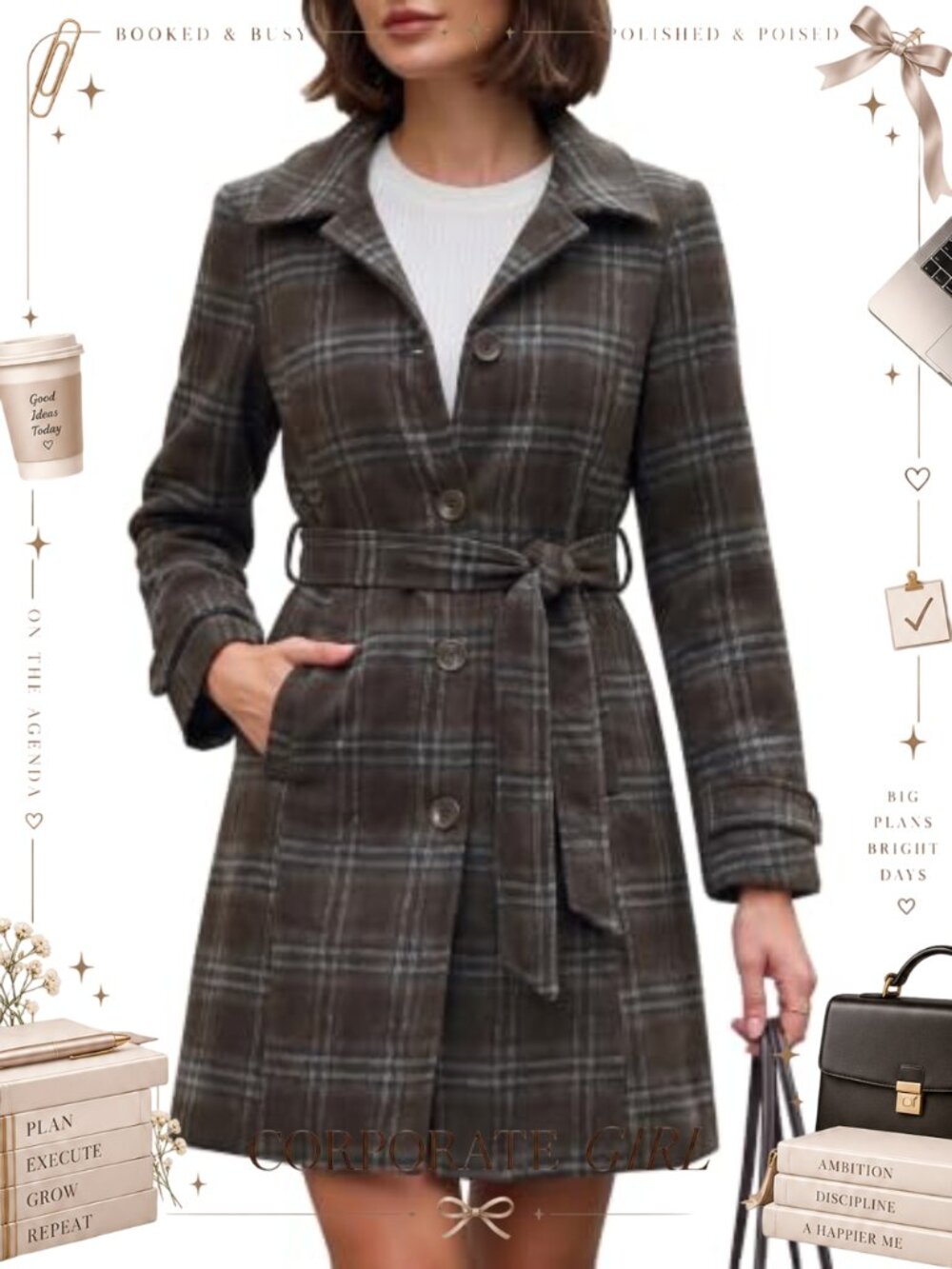 Womens Plaid Peacoat Stand Collar Winter Trench Coat Slim Fit Belted